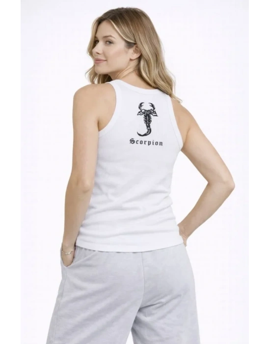 Fitilli Atlet Sıfır Yaka Slim Fit Arka Baskılı Spor Atlet - Beyaz