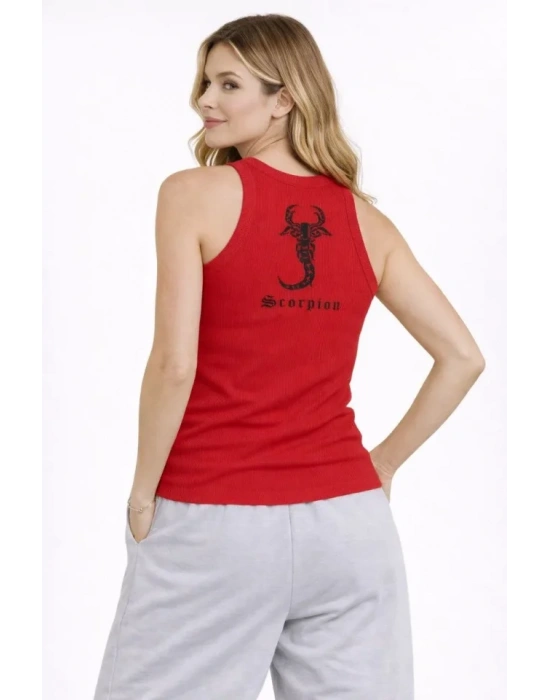 Fitilli Atlet Sıfır Yaka Slim Fit Arka Baskılı Spor Atlet - Kırmızı