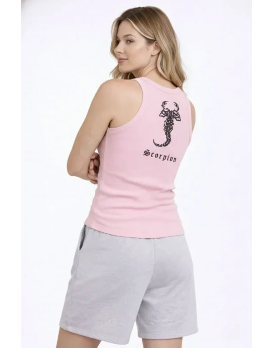 Fitilli Atlet Sıfır Yaka Slim Fit Arka Baskılı Spor Atlet - Pembe