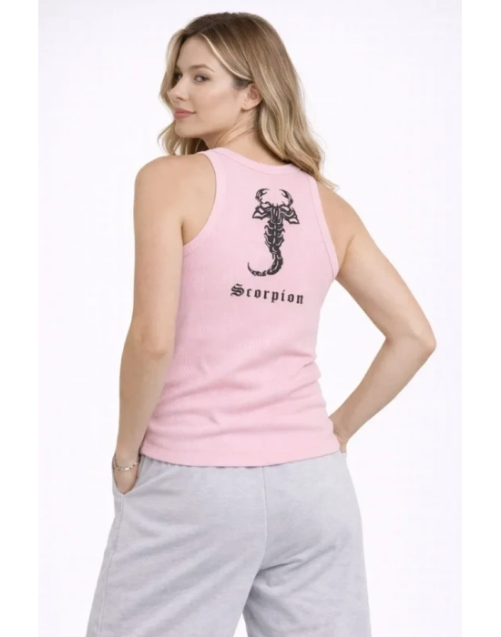 Fitilli Atlet Sıfır Yaka Slim Fit Arka Baskılı Spor Atlet - Pembe