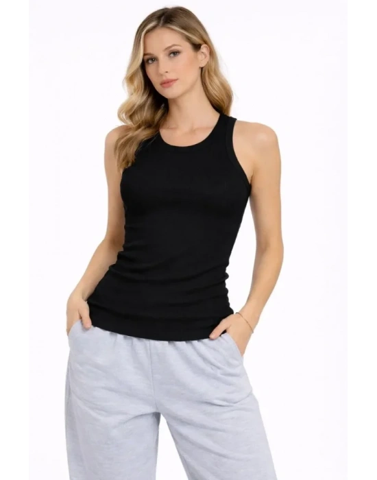 Fitilli Atlet Sıfır Yaka Slim Fit Arka Baskılı Spor Atlet - Siyah