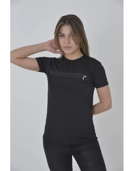 Göğüste Fermuar Aksesuarlı Dar Kalıp T-Shirt - Siyah