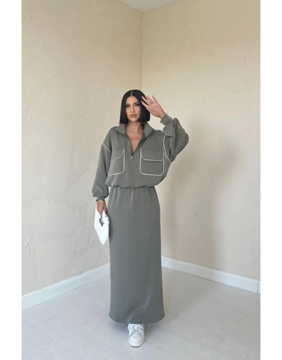 Haki Biyeli Sweatshirt Ve Etek Takım