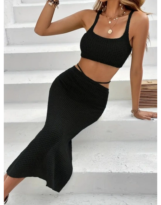 Kadın Askılı Crop Ve Bel Detaylı Derin Yırtmaçlı Etek Ikili Takım