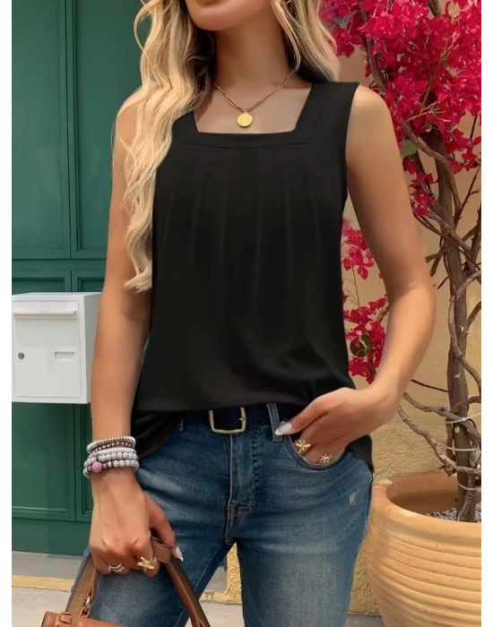 Kadın Askılı Geometrik Yaka Detaylı Pileli Viskon Bluz