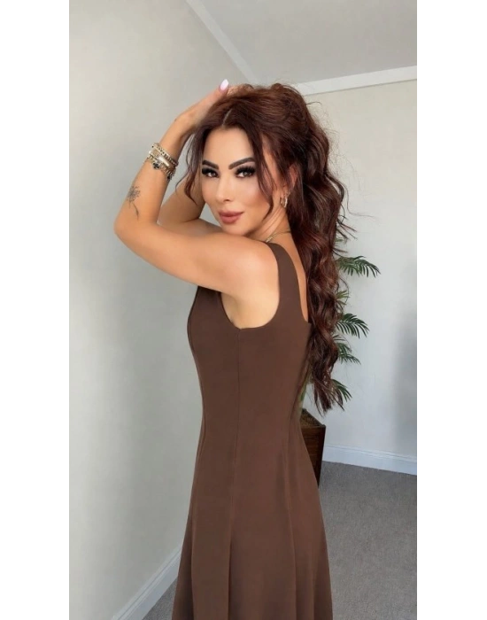 Kadın Askılı Kare Yakalı Kemersiz A şeklinde Gelen Uzun Ithal Krep Elbise