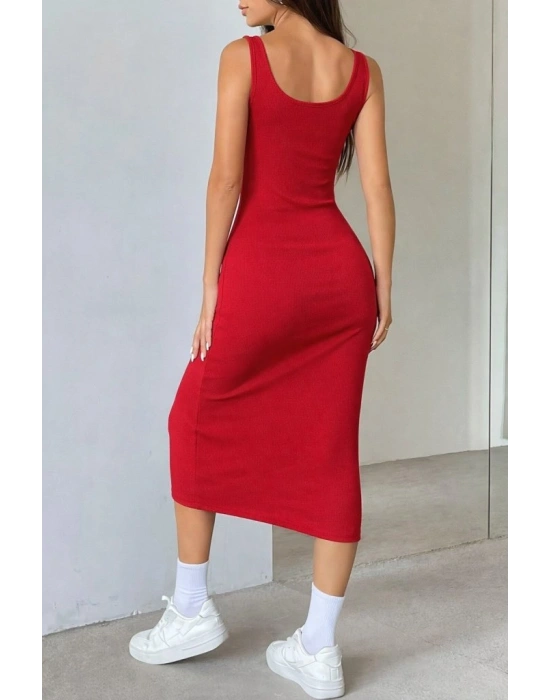 Kadın Askılı Kare Yakalı önden Düğmeli Midi Kaşkorse Elbise