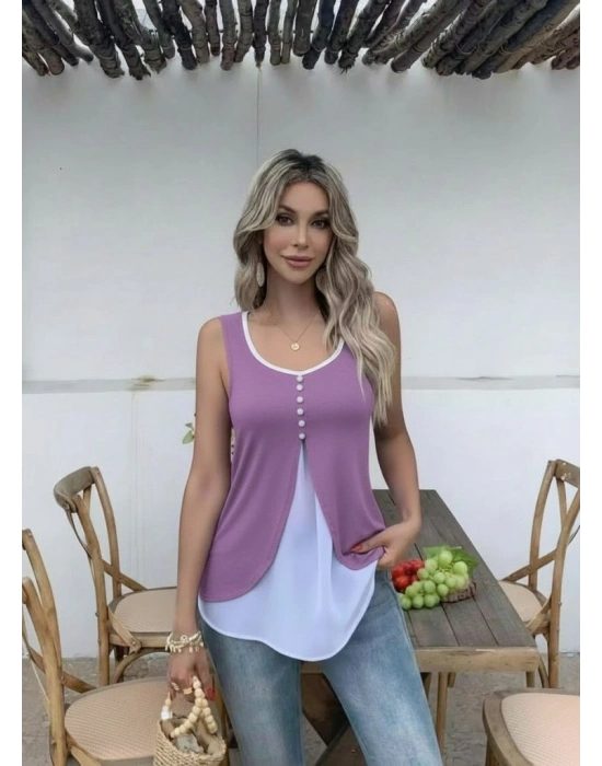 Kadın Askılı önden Düğmeli Asimetrik Detaylı çift Renkli Viskon Bluz