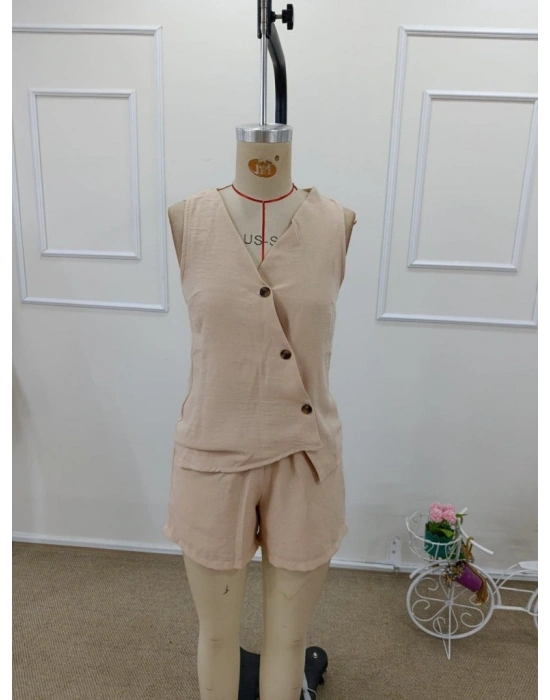 Kadın Askılı önü Düğmeli Asimetrik Detaylı Bluz Ve Astarlı Short Ikili Takım