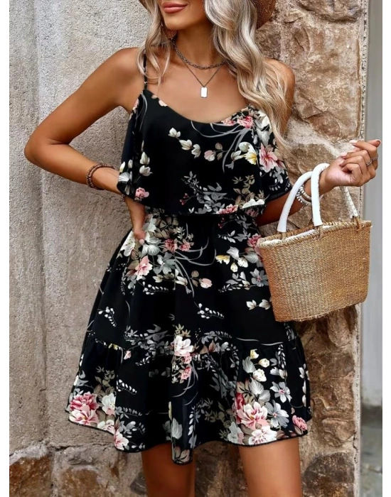 Kadın Askılı V Yakalı çiçek Desenli Mini Süprem Elbise