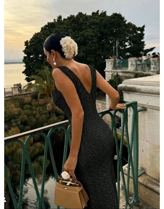 Kadın Askılı V Yakalı Uzun Triko Elbise