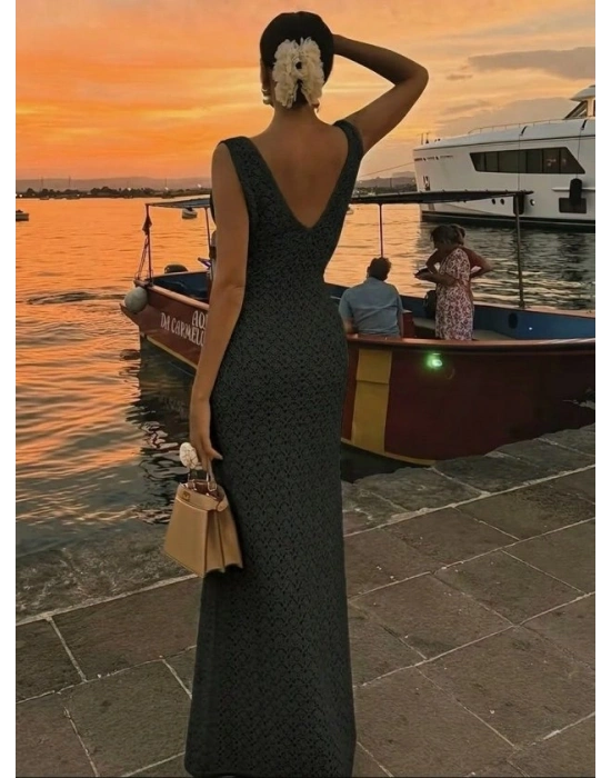 Kadın Askılı V Yakalı Uzun Triko Elbise