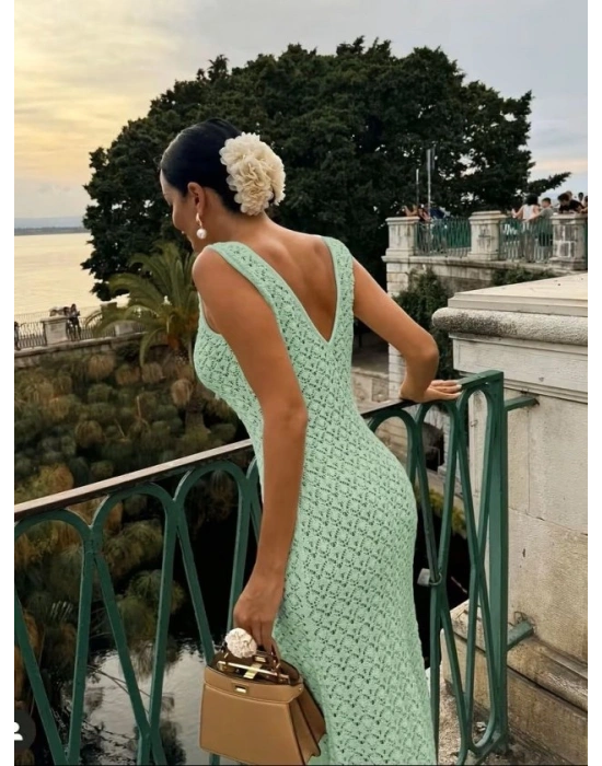 Kadın Askılı V Yakalı Uzun Triko Elbise