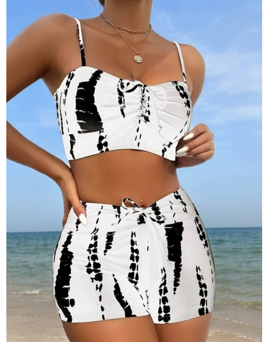 Kadın Büzgü Detay Askılı Crop Mini Tayt Ikili Takım