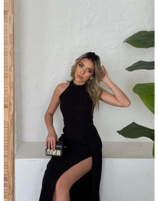 Kadın Halter Yaka Derin Yırtmaç Detaylı Tam Boy Ithal Krep Abiye Elbise