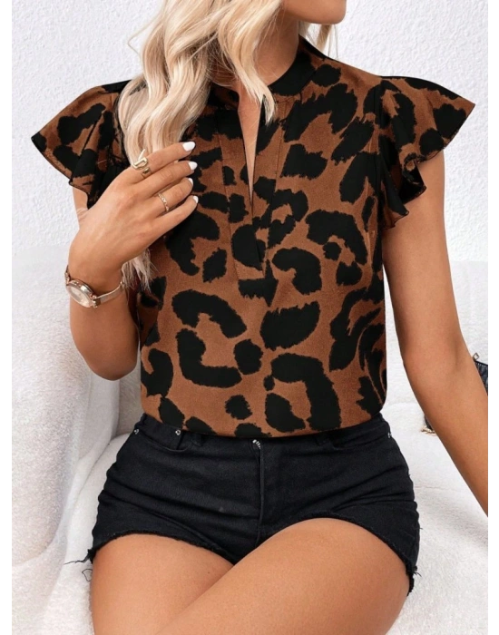 Kadın Kısa Fırfır Kollu V Yakalı Leopar Desenli Süprem Bluz