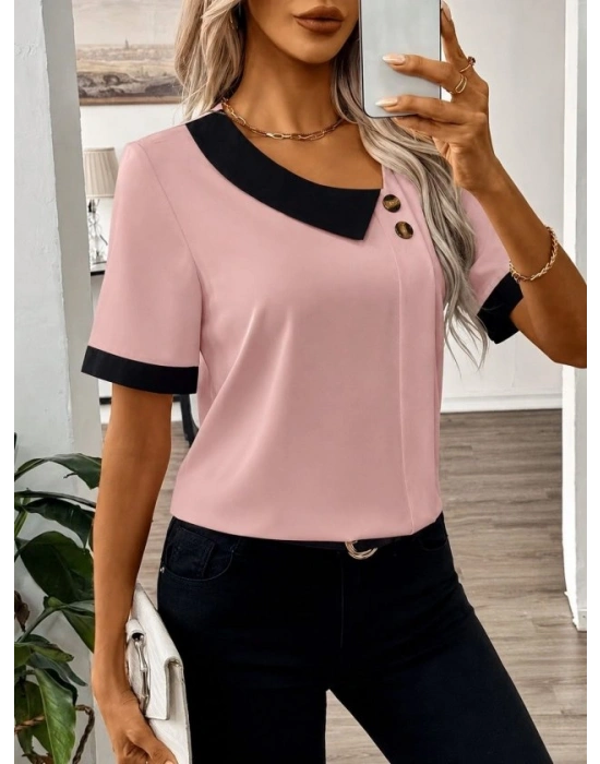 Kadın Kısa Kollu Asımetrik Yaka Detaylı Düğmeli Dubai Bluz