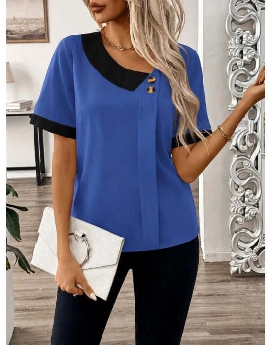Kadın Kısa Kollu Asımetrik Yaka Detaylı Düğmeli Dubai Bluz