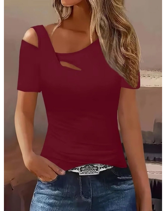 Kadın Kısa Kollu Asimetrik Yaka Detaylı Viskon Bluz