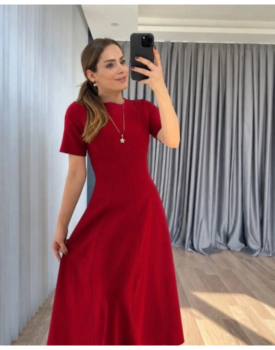 Kadın Kısa Kollu Bisiklet Yaka Maksi Boy Ithal Krep Elbise