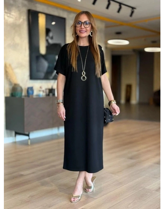 Kadın Kısa Kollu Bisiklet Yaka Omuzdan Düğmeli Uzun Viskon Iki Iplik Elbise