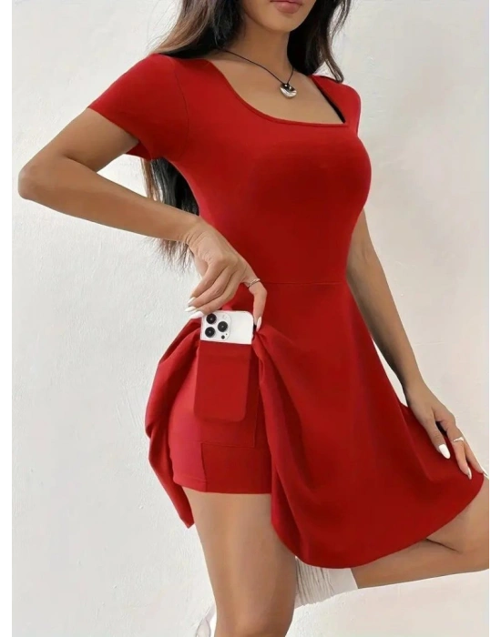 Kadın Kısa Kollu Kare Yaka Short Detaylı Cepli Dalgıç Elbise