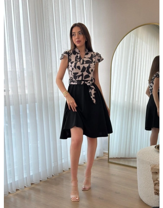 Kadın Kısa Kollu Kolu Fırfır Detay Mini Kuşaklı Kloş Krep Elbise