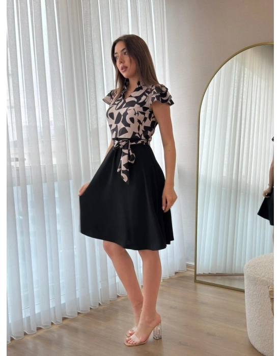 Kadın Kısa Kollu Kolu Fırfır Detay Mini Kuşaklı Kloş Krep Elbise