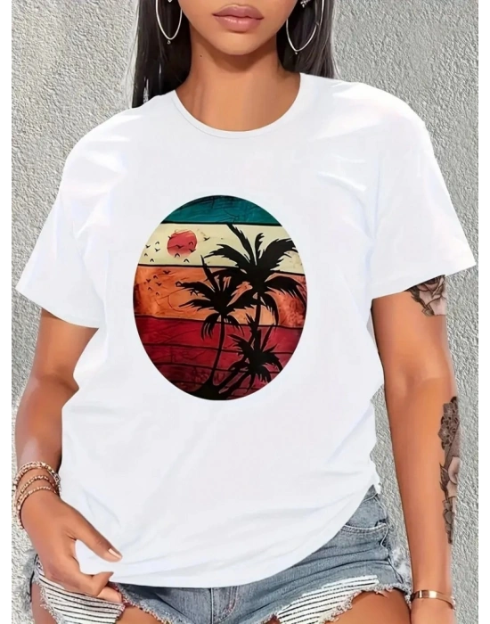 Kadın Kısa Kollu Palmiye Baskılı Viskon T-shirt