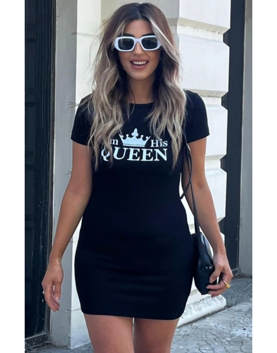 Kadın Kısa Kollu Queen Baskı Iki Iplik Mini Elbise