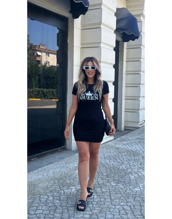 Kadın Kısa Kollu Queen Baskı Iki Iplik Mini Elbise
