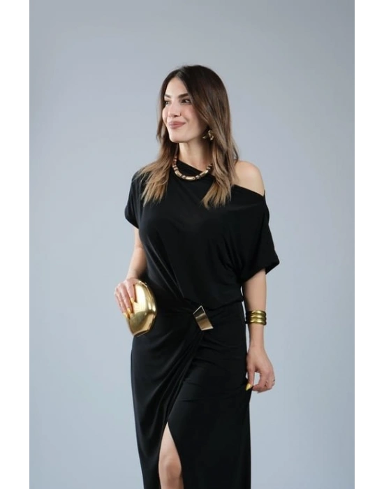 Kadın Kısa Kollu Tek Omuzdan Açık Beli Lastikli Sandy Maxi Elbise