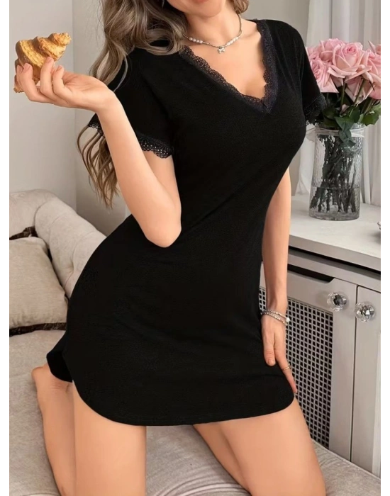 Kadın Kısa Kollu V Yakalı Kısa Viskon Gecelik