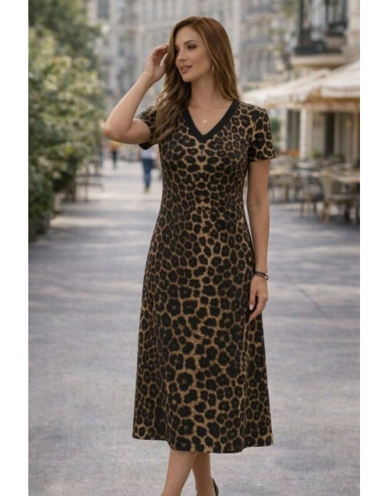 Kadın Kısa Kollu V Yakalı Leopar Desenli Kısa Süprem Elbise