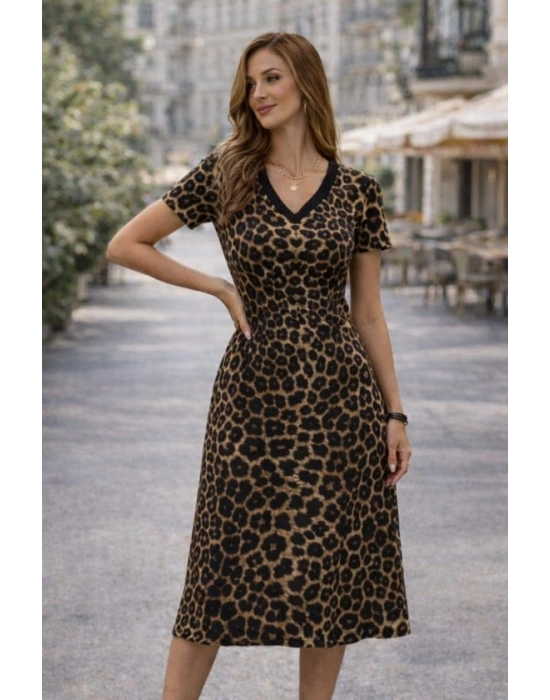 Kadın Kısa Kollu V Yakalı Leopar Desenli Kısa Süprem Elbise