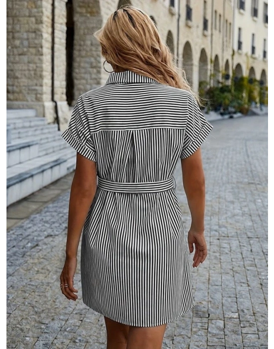Kadın Kısa Kollu Yakalı önden Düğmeli Beli Kuşaklı Trikoton Elbise
