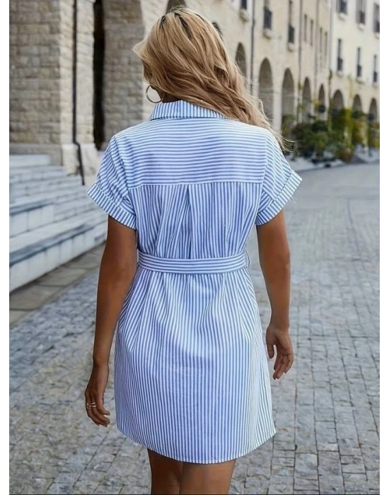 Kadın Kısa Kollu Yakalı önden Düğmeli Beli Kuşaklı Trikoton Elbise