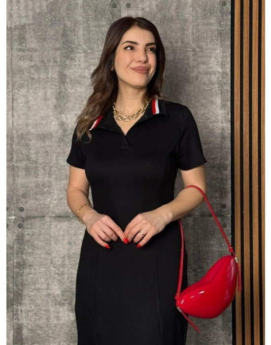 Kadın Kısa Kollu Yakalı Yırtmaçlı Midi Viskon Iki Iplik Elbise