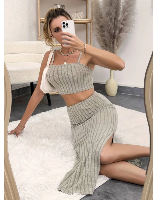Kadın Kolsuz Askılı Crop Yırtmaçlı Midi Etek Fitilli Kaşkorse Takım