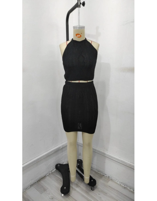 Kadın Kolsuz Mini Erer Crop Ikili Triko Takım