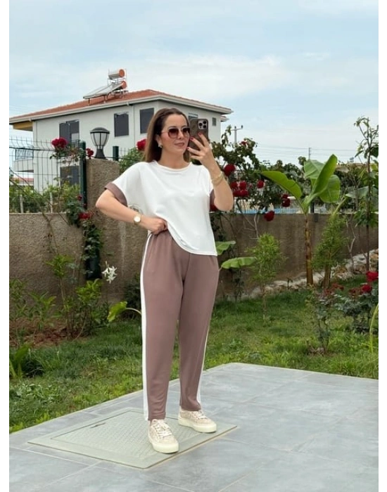 Kadın Modal Dokulu Kumaş Yanı şeritli Takım