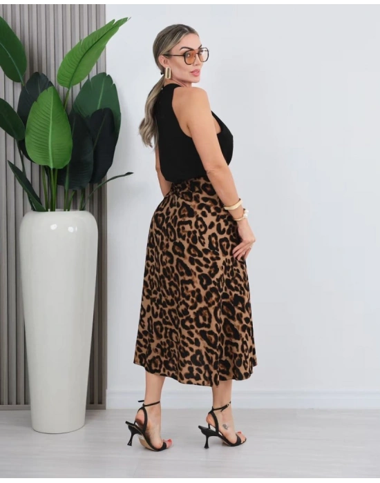 Kadın önden Bağlamalı Leopar Desenli Süprem Uzun Etek