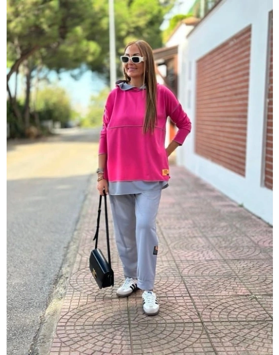 Kadın Pembe Kapşonlu Etek Ucu Detay Arma Ters Dikiş Gorunumlu Ikili Takım