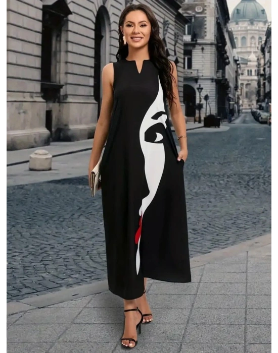 Kadın Sıfır Kol V Yakalı Kadın Yüz Desenli Süprem Elbise