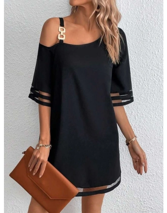 Kadın Tek Omuzdan Acık Askılı Tül şerit Detaylı Kısa Janjan Krep Elbise
