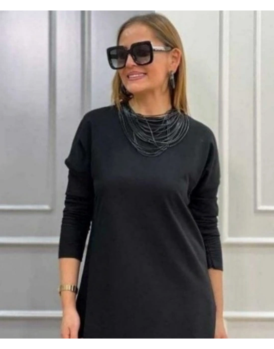 Kadın Uzun Kollu Bisiklet Yaka Etek Ucu Deri Dantelli Viskon Iki Iplik Midi Elbise