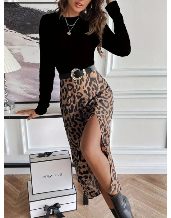 Kadın Uzun Kollu Bisiklet Yaka Ithal Krep Bluz Alt Desenli Modal Midi Elbise