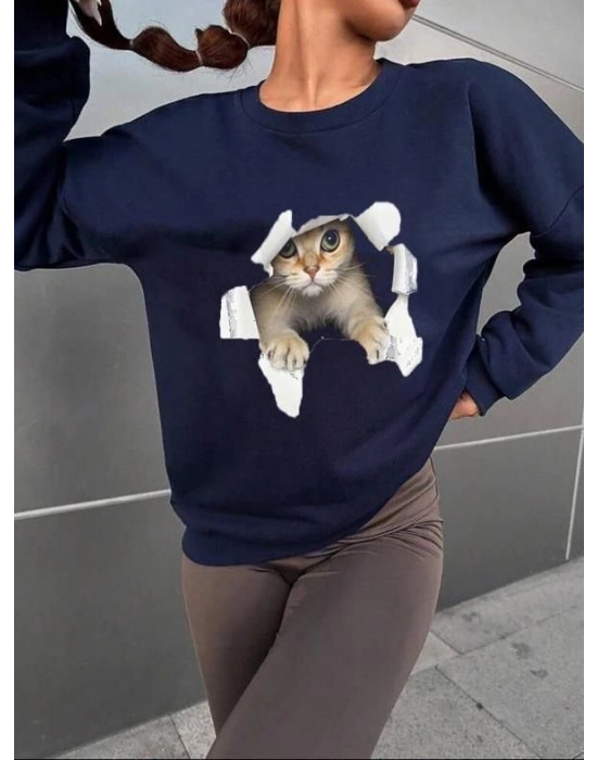 Kadın Uzun Kollu Bisiklet Yaka Kedi Desenli Viskon Iki Iplik Bluz