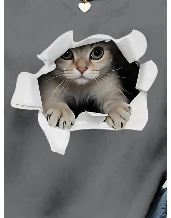 Kadın Uzun Kollu Bisiklet Yaka Kedi Desenli Viskon Iki Iplik Bluz