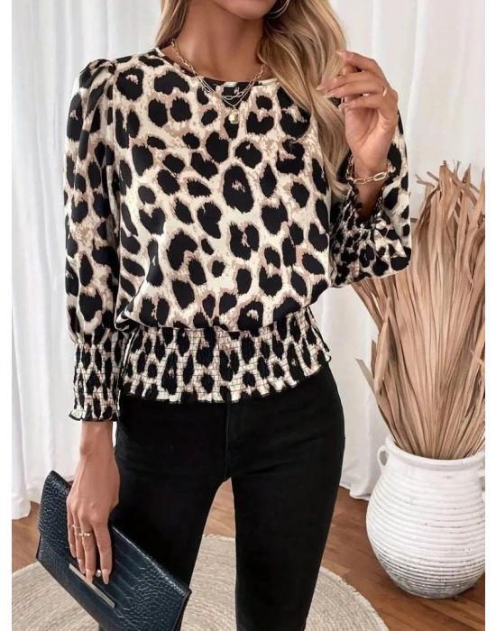 Kadın Uzun Kollu Bisiklet Yaka Leopar Desenli Modal Bluz